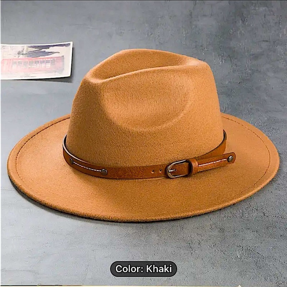 Fedora Khaki Hat Unisex Classy Chic Men Women Buckle Strap
